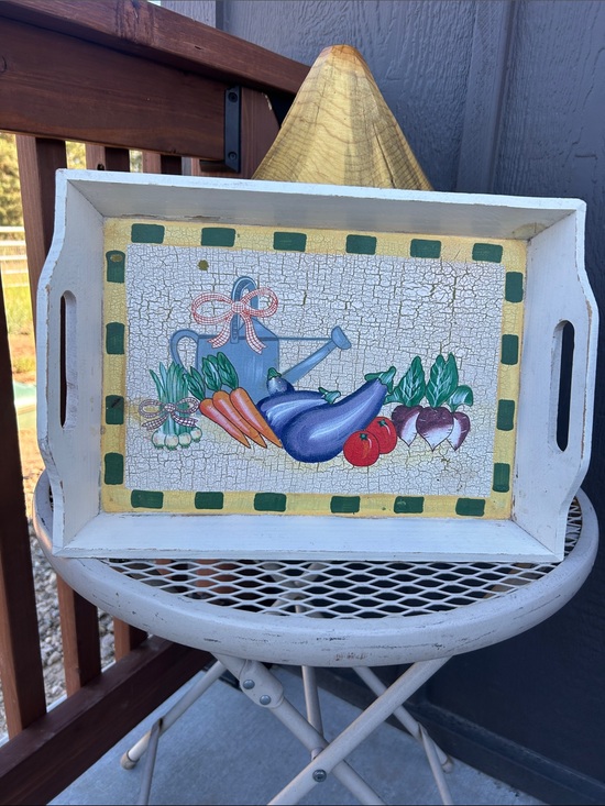 Vintage Other - Vintage White Wood Serving Tray with Colorful Vegetable Motif